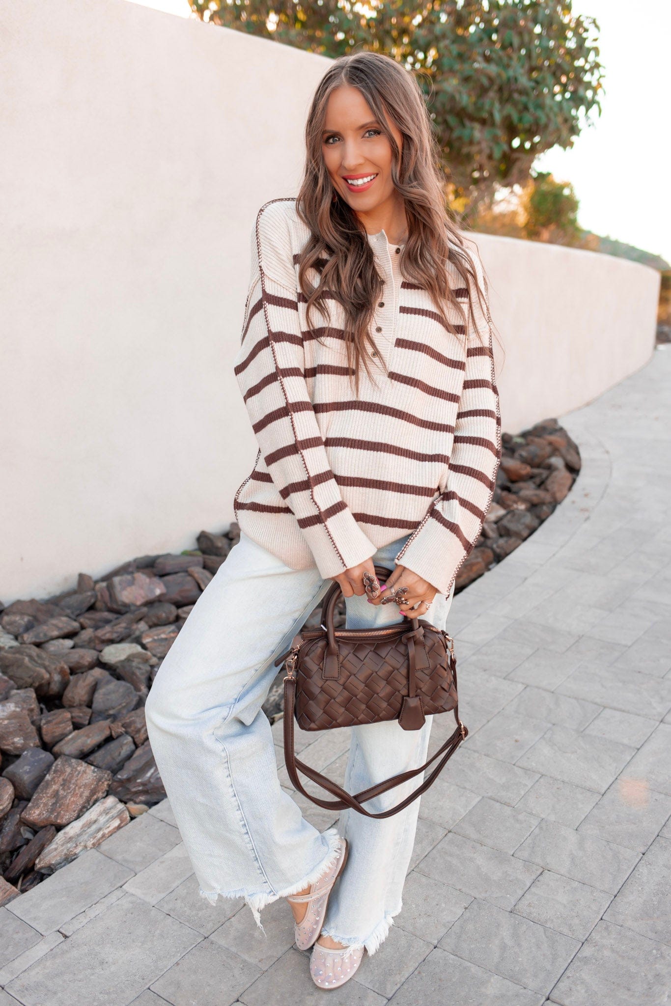 Sweet Espresso Stripe Ribbed Henley Slouchy Sweater