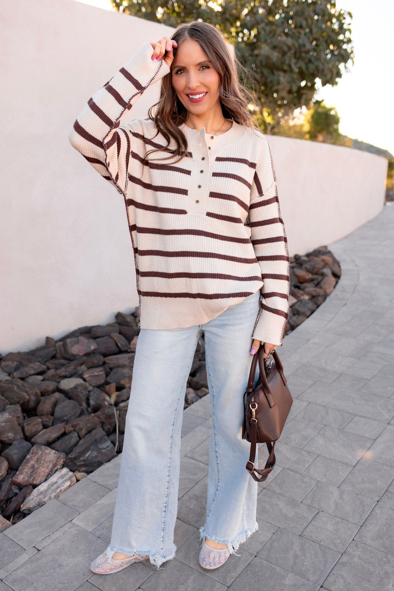 Sweet Espresso Stripe Ribbed Henley Slouchy Sweater