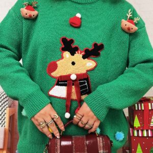 Cartoon Deer Knit Crew Patchwork Sweater