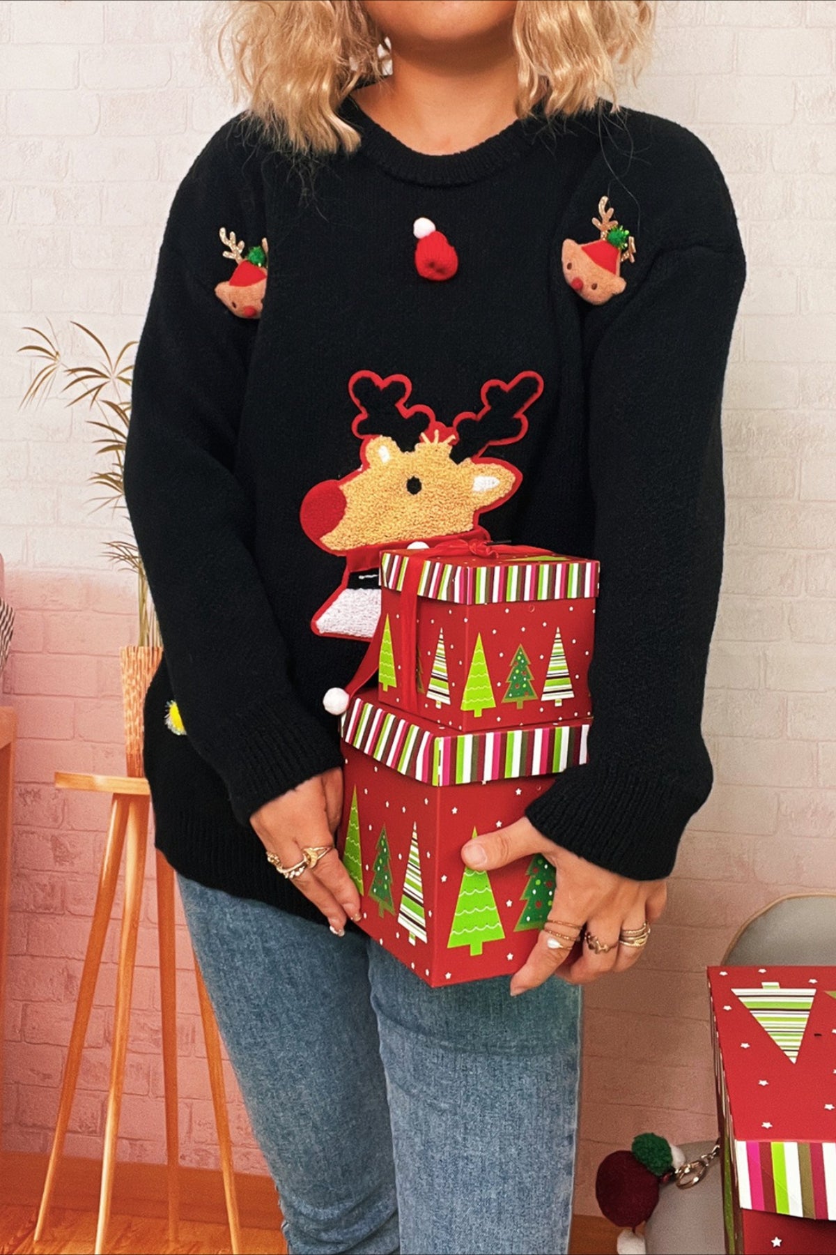 Cartoon Deer Knit Crew Patchwork Sweater