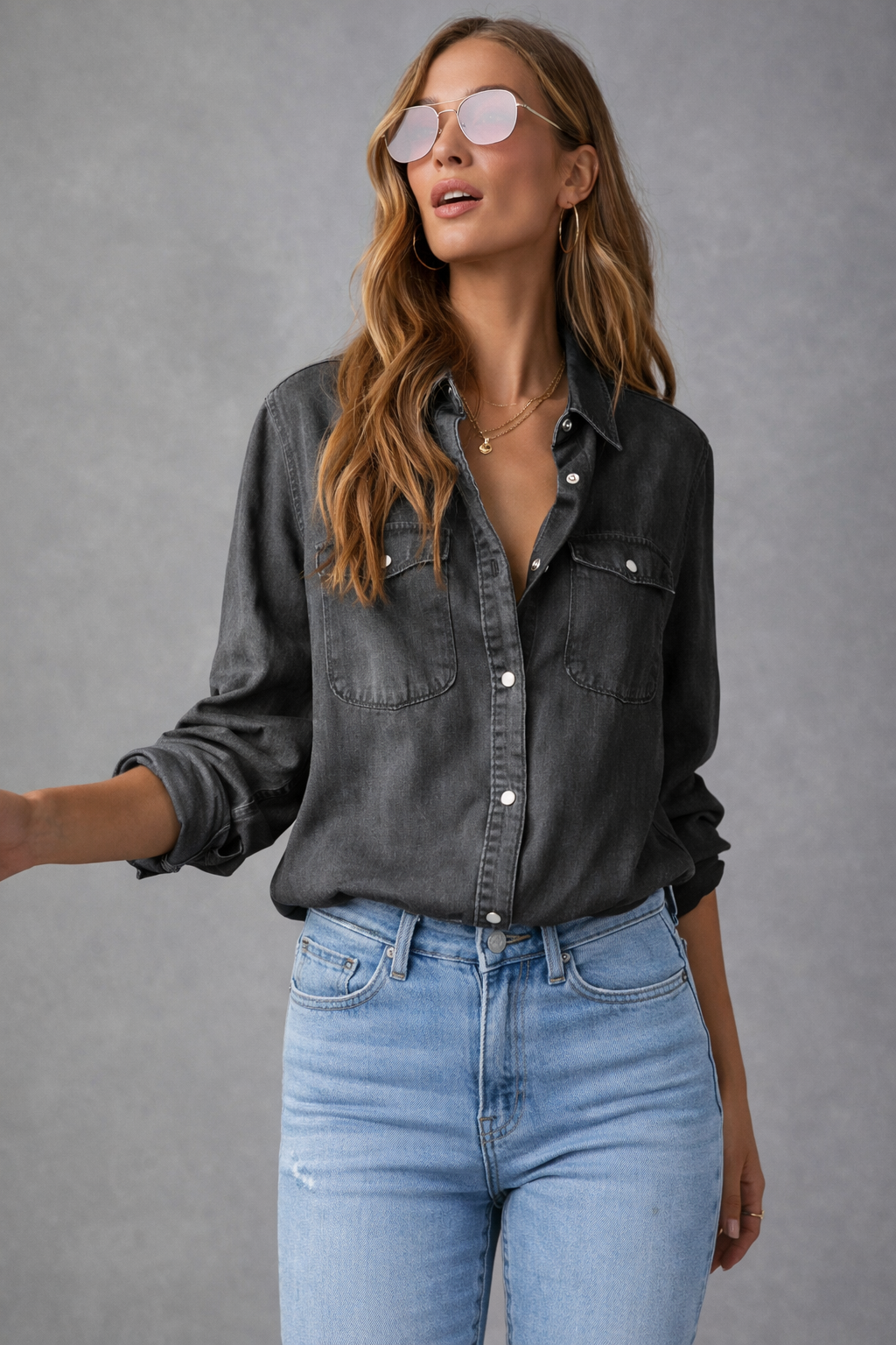 Women’s Casual Button-Up Denim Shirt