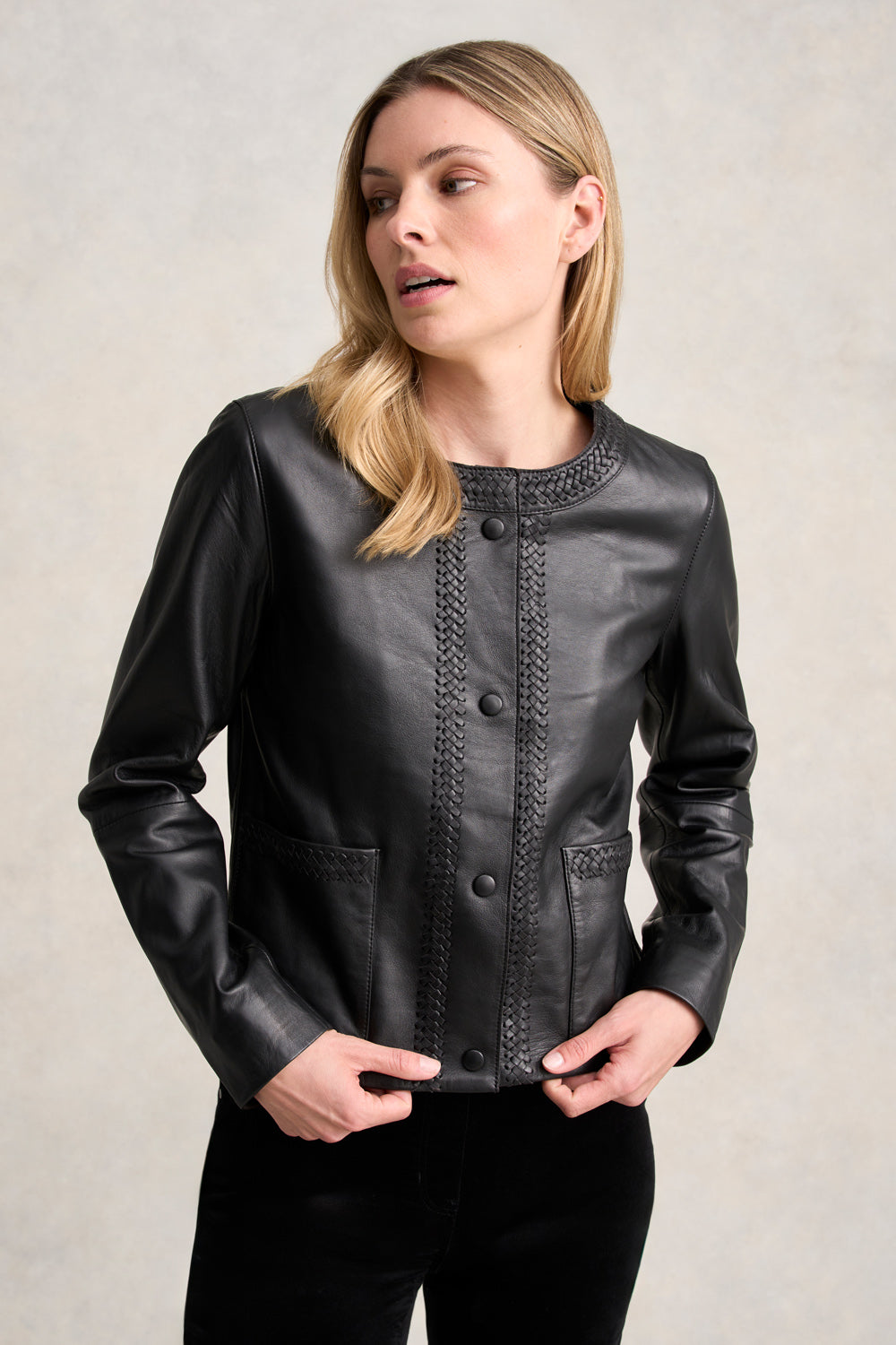 Braid Detail Leather Jacket - Black