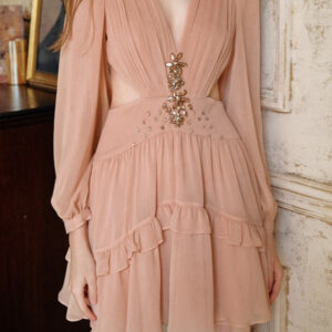 Elegant Deep V Cut Out Waist Rhinestone Chiffon Mini Dress