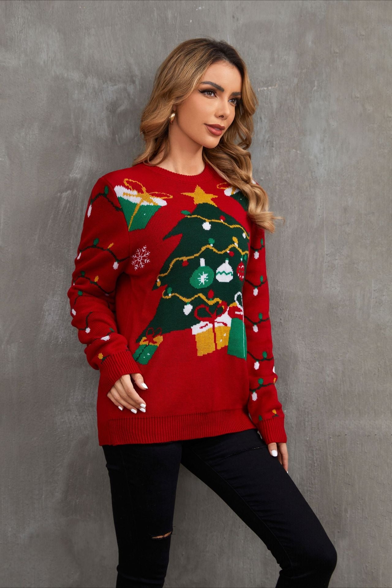 Cozy Color Block Xmas Tree Print Sweater