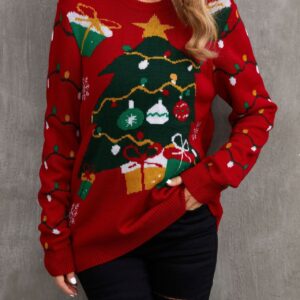 Cozy Color Block Xmas Tree Print Sweater